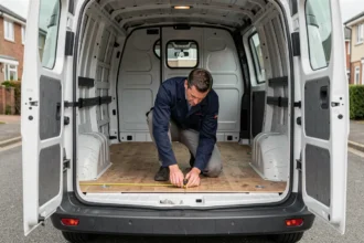 Homme mesurant l'espace de chargement intérieur d'un Renault Trafic L1H1 vu depuis les portes arrière ouvertes