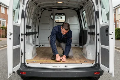 Homme mesurant l'espace de chargement intérieur d'un Renault Trafic L1H1 vu depuis les portes arrière ouvertes