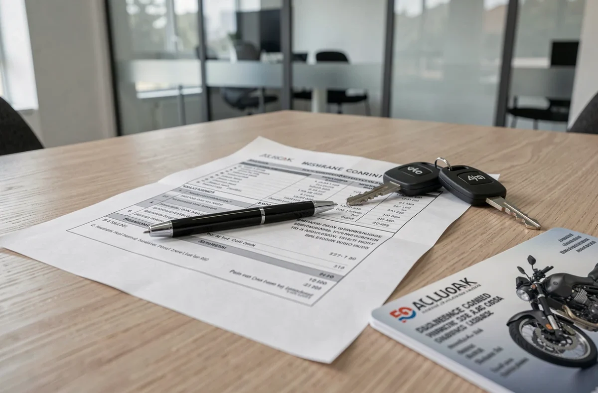 Documents d'assurance moto A2, clés de moto et permis posés sur un bureau en bois clair