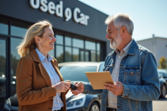 Homme et femme échangeant des clés de voiture devant un concessionnaire