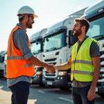 Homme en gilet de securite serre la main d'un concessionnaire de camions devant une rangée de camions d'occasion