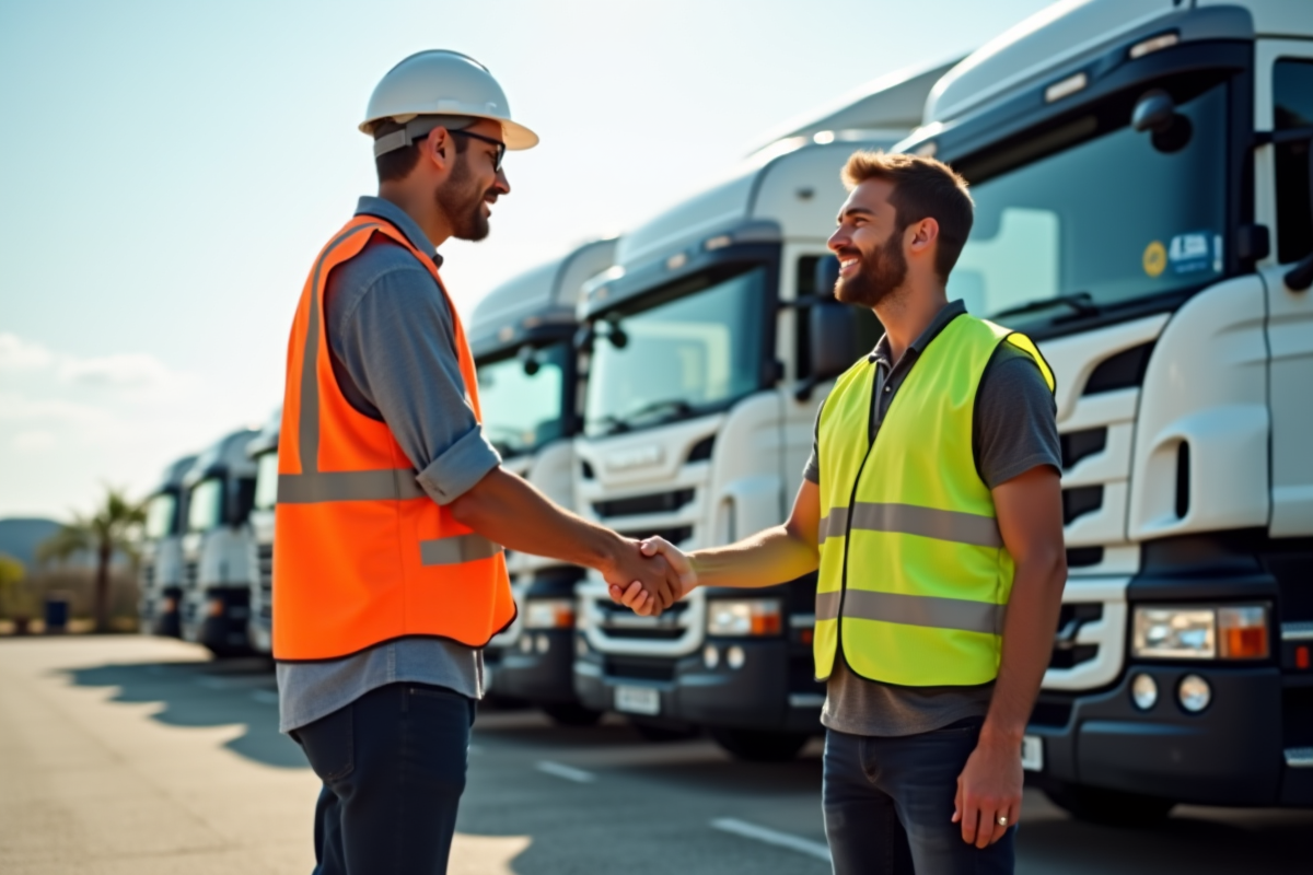 Homme en gilet de securite serre la main d'un concessionnaire de camions devant une rangée de camions d'occasion