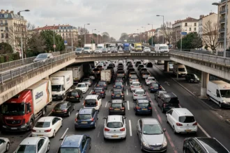 Embouteillage dense sur le périphérique de Toulouse avec des véhicules immobilisés sur plusieurs voies