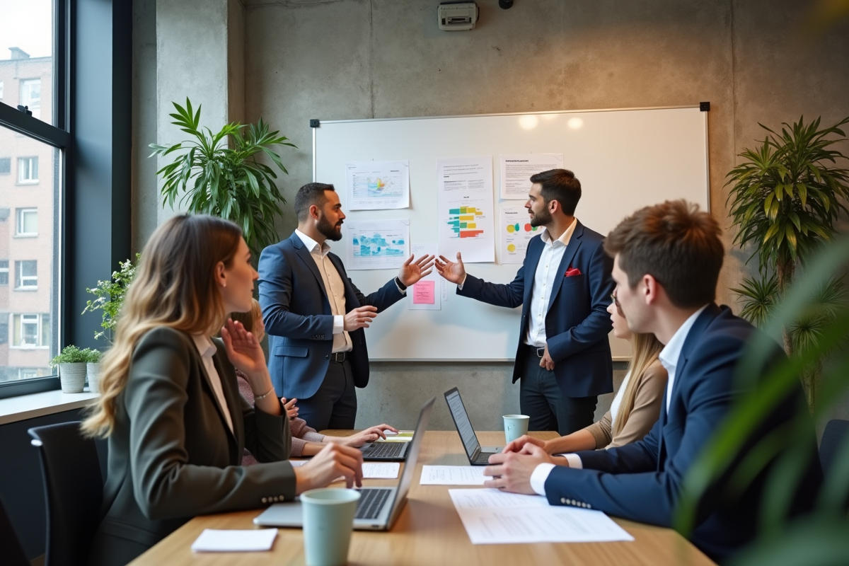Equipe de professionnels en discussion dans espace de coworking