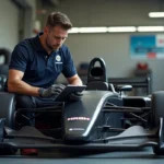 Mécanicien inspectant une voiture de course en pit garage pour estimer sa valeur sur Mikado Racing