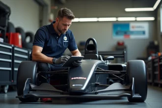 Mécanicien inspectant une voiture de course en pit garage pour estimer sa valeur sur Mikado Racing