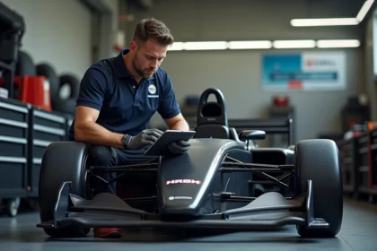 Mécanicien inspectant une voiture de course en pit garage pour estimer sa valeur sur Mikado Racing