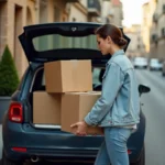 Étudiante chargeant des cartons de déménagement dans un coffre de voiture de location devant un immeuble résidentiel
