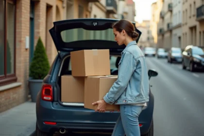 Étudiante chargeant des cartons de déménagement dans un coffre de voiture de location devant un immeuble résidentiel