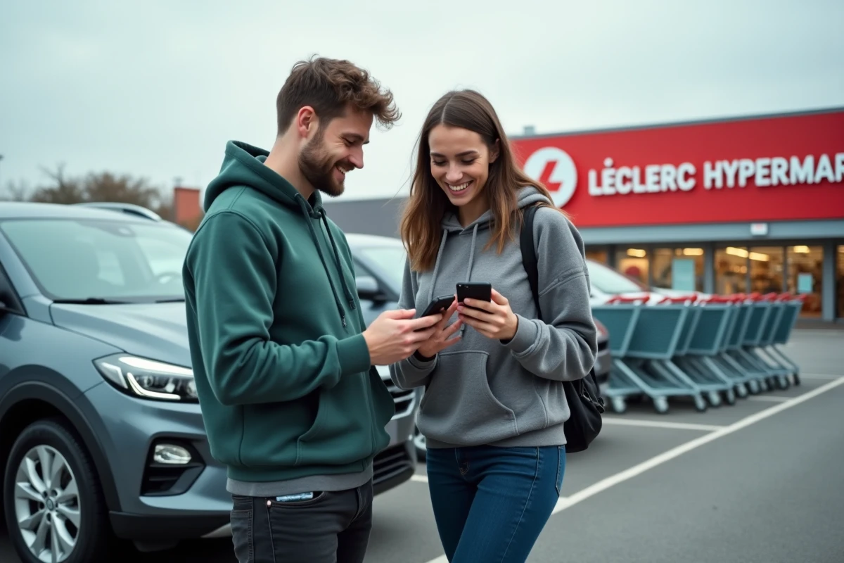 Couple d'étudiants comparant les prix de location de voiture mensuelle sur smartphone devant un hypermarché Leclerc