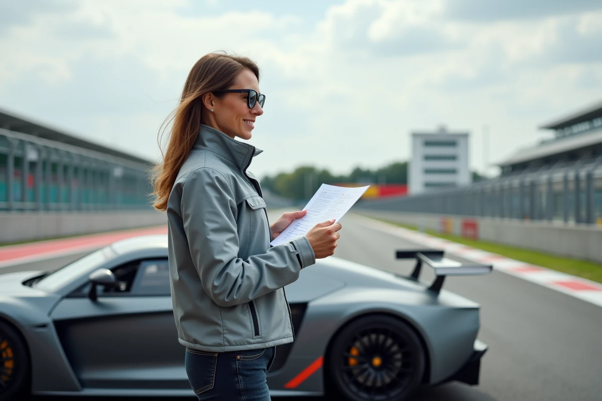 Femme évaluant le prix d'une voiture de course dans le paddock d'un circuit automobile