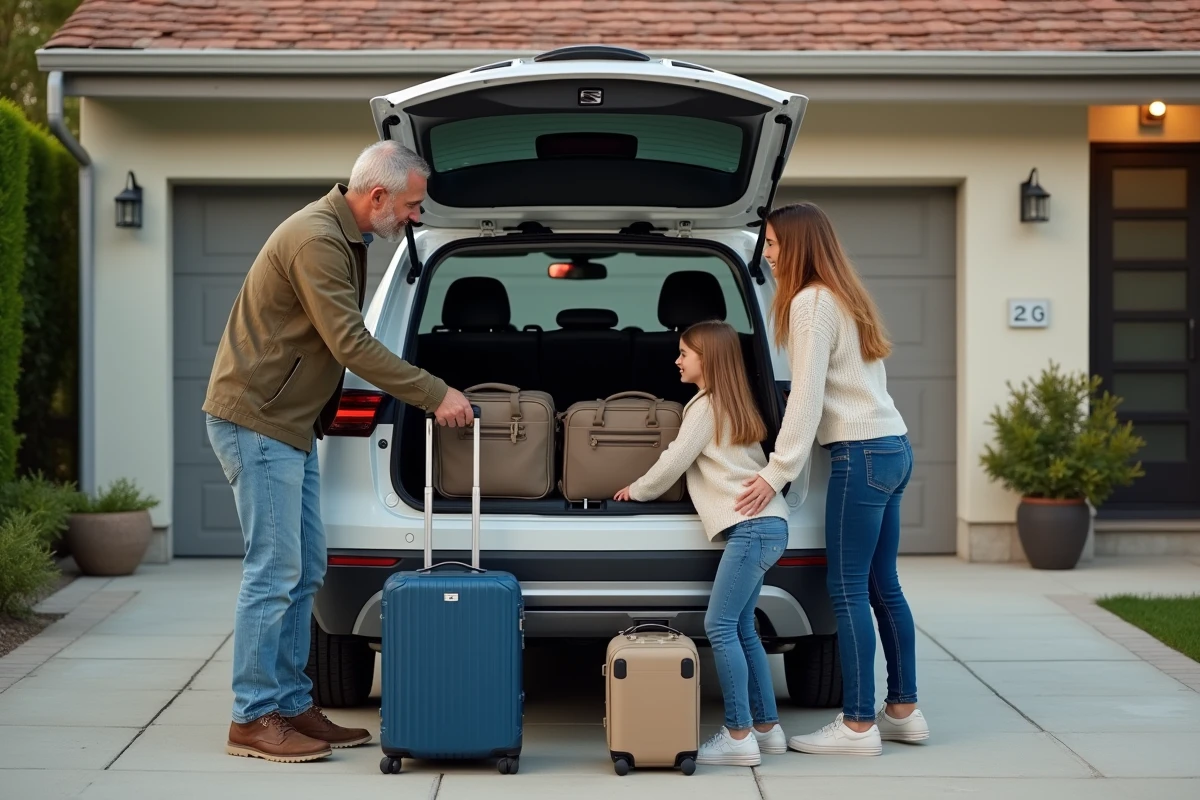 Famille chargeant des bagages dans le coffre spacieux d'un SEAT Ateca lors d'un départ en voyage