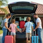 Famille préparant ses bagages dans le coffre de la voiture