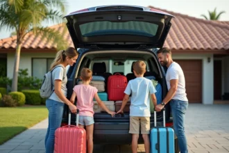 Famille préparant ses bagages dans le coffre de la voiture