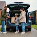 Famille de cinq personnes déchargeant des sacs devant leur voiture
