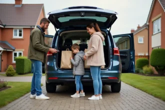 Famille de cinq personnes déchargeant des sacs devant leur voiture