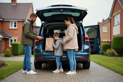 Famille de cinq personnes déchargeant des sacs devant leur voiture