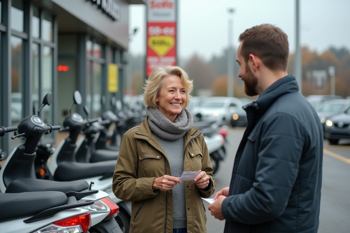 Femme discutant avec un vendeur devant des motos 50cc en extérieur