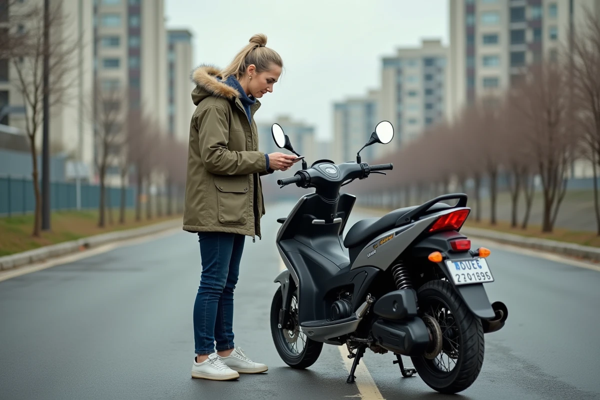 Femme regardant une annonce de Yamaha 125 TZR en extérieur