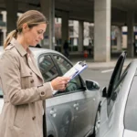 Femme consultant des documents d'assurance auto à côté de sa voiture dans un parking urbain