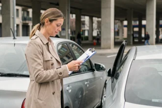 Femme consultant des documents d'assurance auto à côté de sa voiture dans un parking urbain