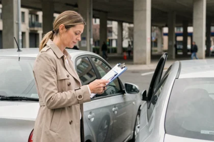 Femme consultant des documents d'assurance auto à côté de sa voiture dans un parking urbain