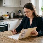 Femme pensant avec assurance auto en main dans une cuisine moderne