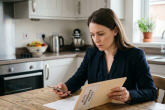 Femme pensant avec assurance auto en main dans une cuisine moderne