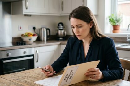 Femme pensant avec assurance auto en main dans une cuisine moderne