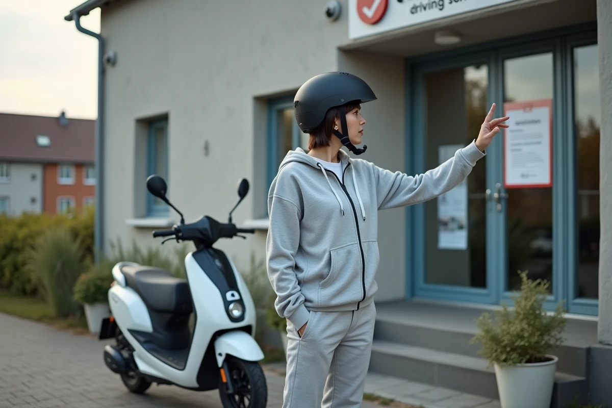 Femme devant une auto-école avec un scooter électrique, regardant une affiche d'information sur les démarches légales pour conduire sans permis thermique