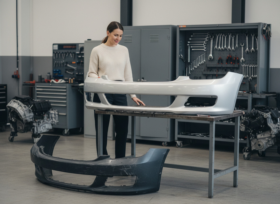 Jeune femme dans un atelier auto regarde un nouveau pare-chocs