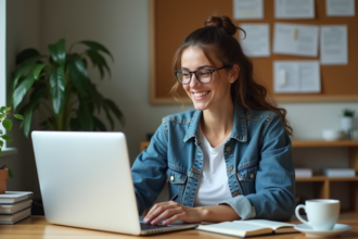 Jeune femme souriante dans un bureau organisé