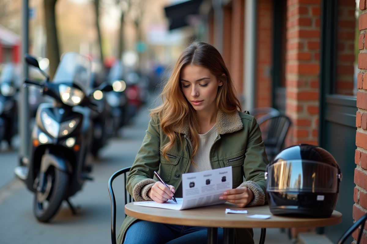 Jeune femme au café avec brochure moto en ville