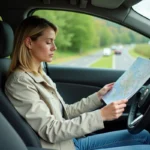 Femme dans la voiture étudiant une carte routière de France