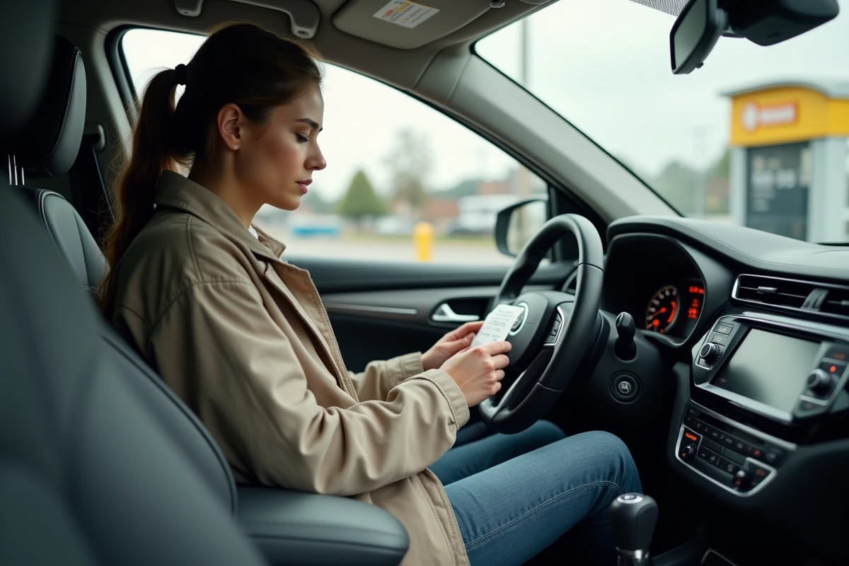 Jeune femme regarde le tableau de bord dans une voiture neuve