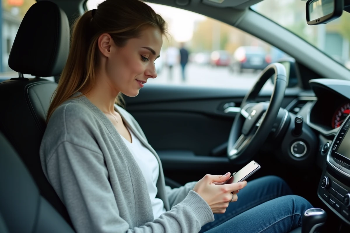 Femme chargeant son smartphone dans une voiture propre