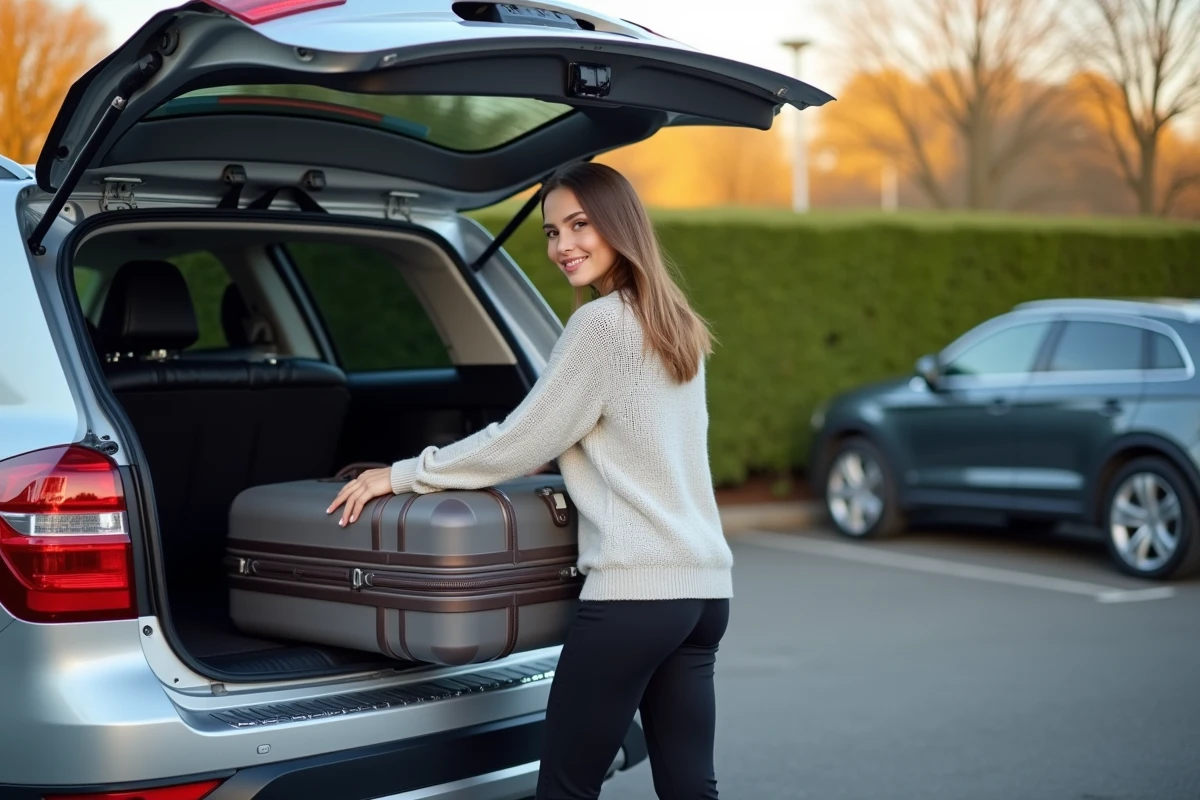 Femme chargeant des valises dans le coffre d