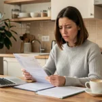Femme consultant des documents d'assurance auto à la maison pour comparer et économiser