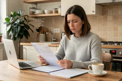 Femme consultant des documents d'assurance auto à la maison pour comparer et économiser