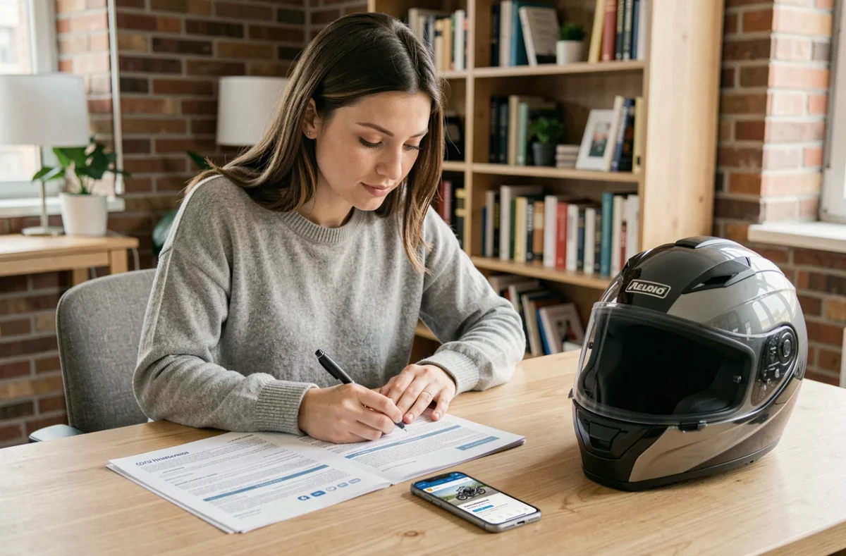 Femme comparant des offres d'assurance moto A2 sur des documents et smartphone à son bureau