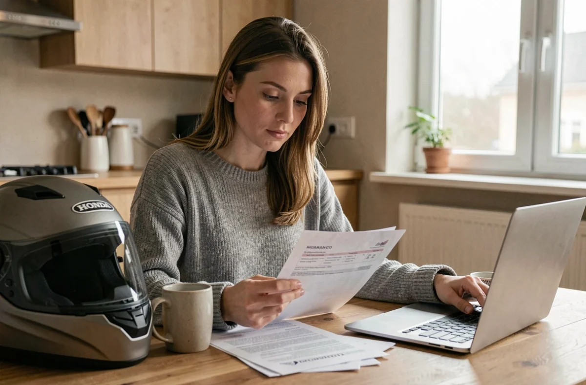 Femme consultant des documents d'assurance moto Honda à son domicile avec un casque posé sur la table
