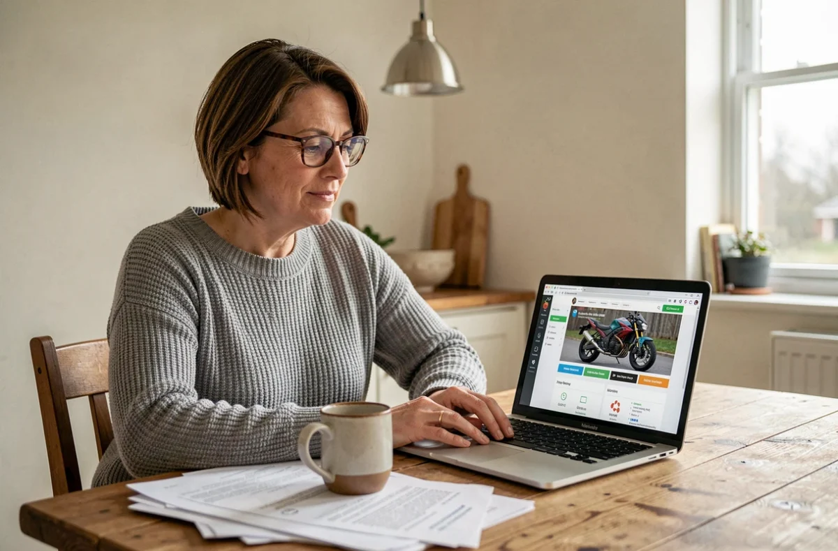 Femme comparant des formules d'assurance moto sur un ordinateur portable à la maison