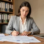 Femme comparant plusieurs devis d'assurance auto imprimés sur un bureau en bois dans un bureau à domicile moderne