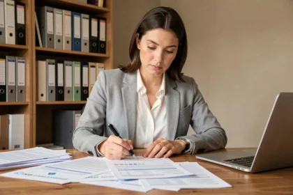Femme comparant plusieurs devis d'assurance auto imprimés sur un bureau en bois dans un bureau à domicile moderne