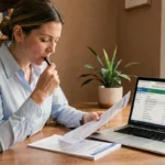 Femme comparant des devis d'assurance auto sur ordinateur et documents papier à son bureau à domicile