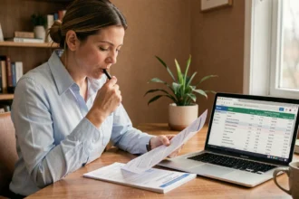 Femme comparant des devis d'assurance auto sur ordinateur et documents papier à son bureau à domicile