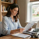 Femme comparant des devis d'assurance voiture électrique à son bureau à domicile