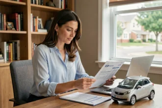 Femme comparant des devis d'assurance voiture électrique à son bureau à domicile