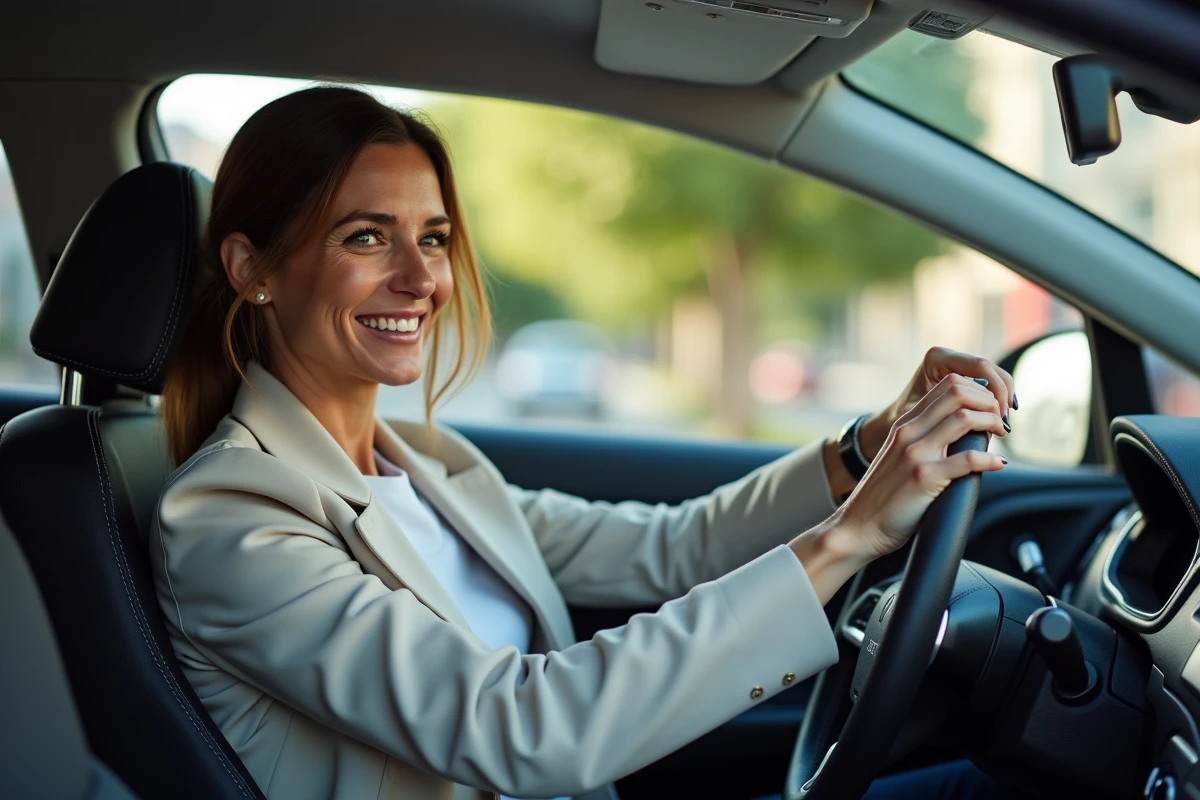 Femme souriante au volant dans l’habitacle moderne d’une voiture