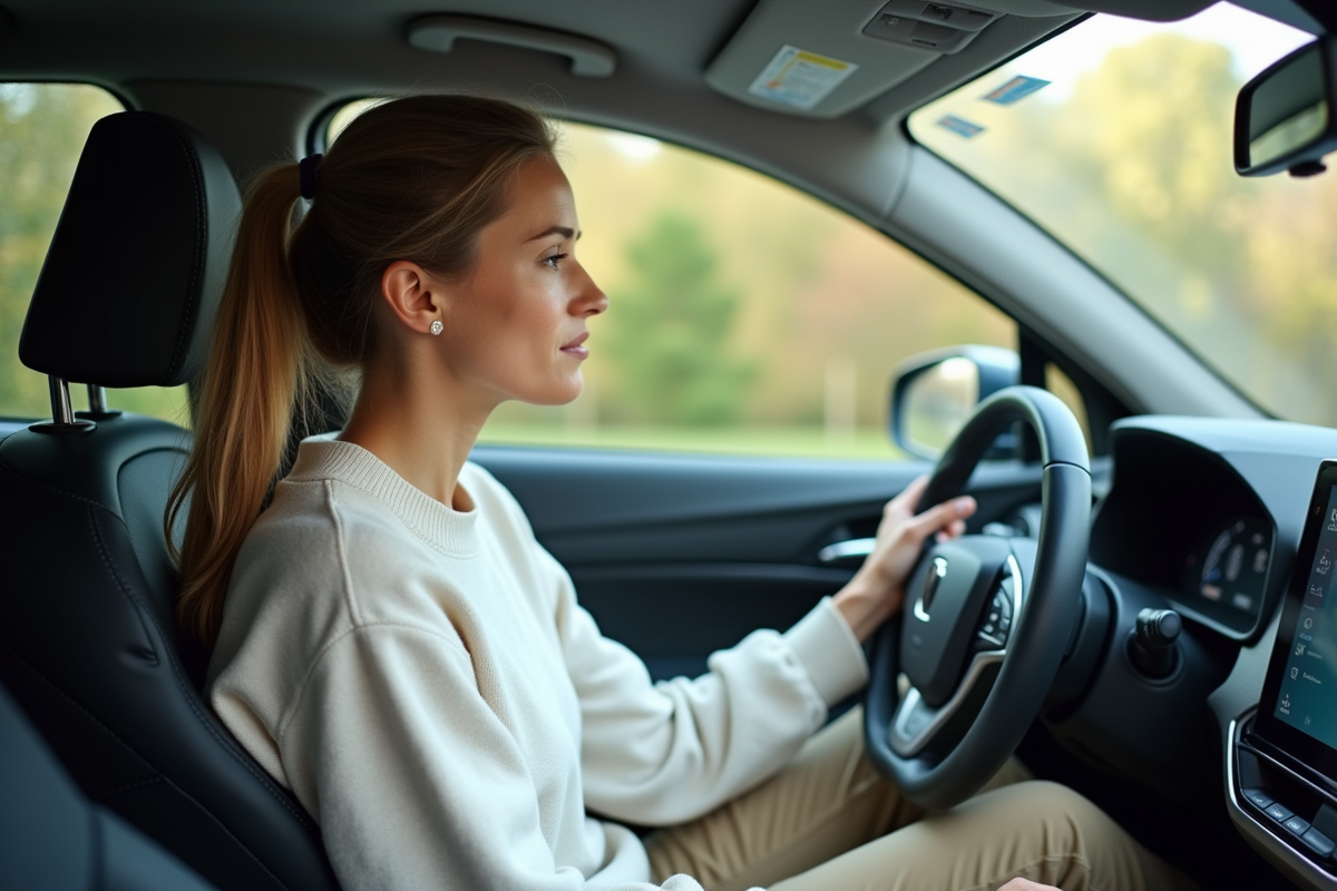 Femme conduisant sa voiture en regardant le tableau de bord